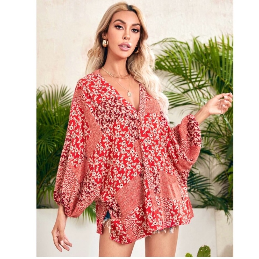 FOR SALE!!! Red floral patch-print kimono